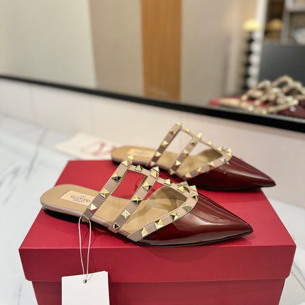 VALENTINO 26S STUDDED FLAT MULES IN DARK RED PATENT CALFSKIN