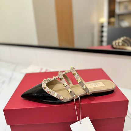 VALENTINO 26S STUDDED FLAT MULES IN BLACK PATENT CALFSKIN