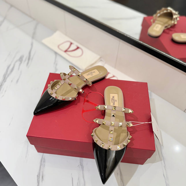 VALENTINO 26S STUDDED FLAT MULES IN BLACK PATENT CALFSKIN