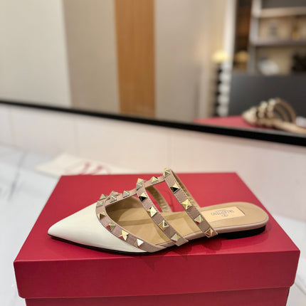 VALENTINO 26S STUDDED FLAT MULES IN WHITE PATENT CALFSKIN