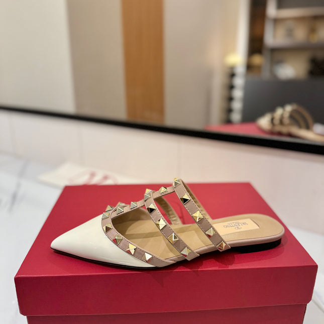 VALENTINO 26S STUDDED FLAT MULES IN WHITE PATENT CALFSKIN