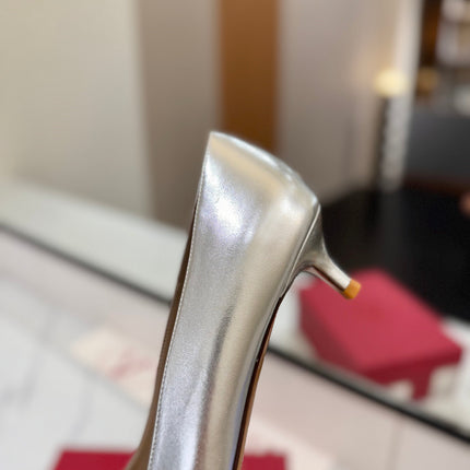 VALENTINO 26S HIGH HEELS 45 MM IN METALLIC SILVER CALFSKIN WITH VLOGO CRYSTAL