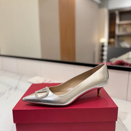 VALENTINO 26S HIGH HEELS 45 MM IN METALLIC SILVER CALFSKIN WITH VLOGO CRYSTAL
