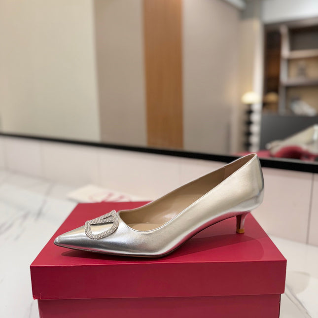 VALENTINO 26S HIGH HEELS 45 MM IN METALLIC SILVER CALFSKIN WITH VLOGO CRYSTAL