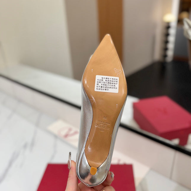 VALENTINO 26S HIGH HEELS 45 MM IN METALLIC SILVER CALFSKIN WITH VLOGO CRYSTAL