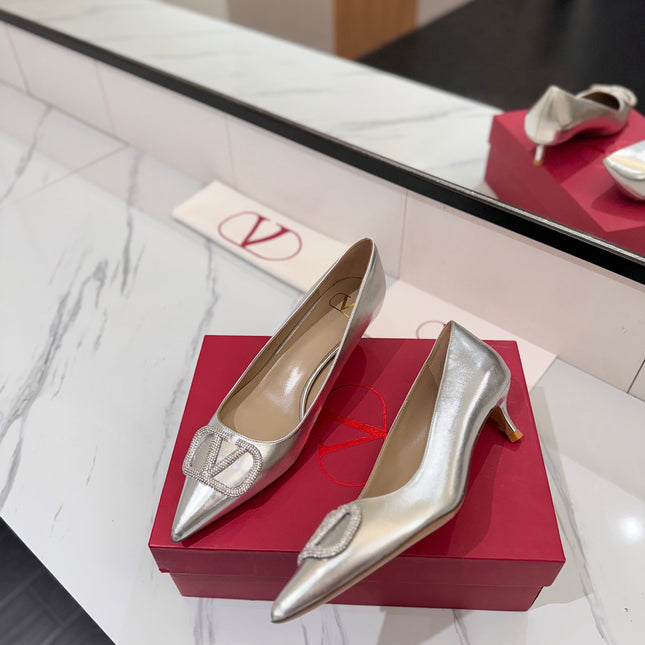 VALENTINO 26S HIGH HEELS 45 MM IN METALLIC SILVER CALFSKIN WITH VLOGO CRYSTAL