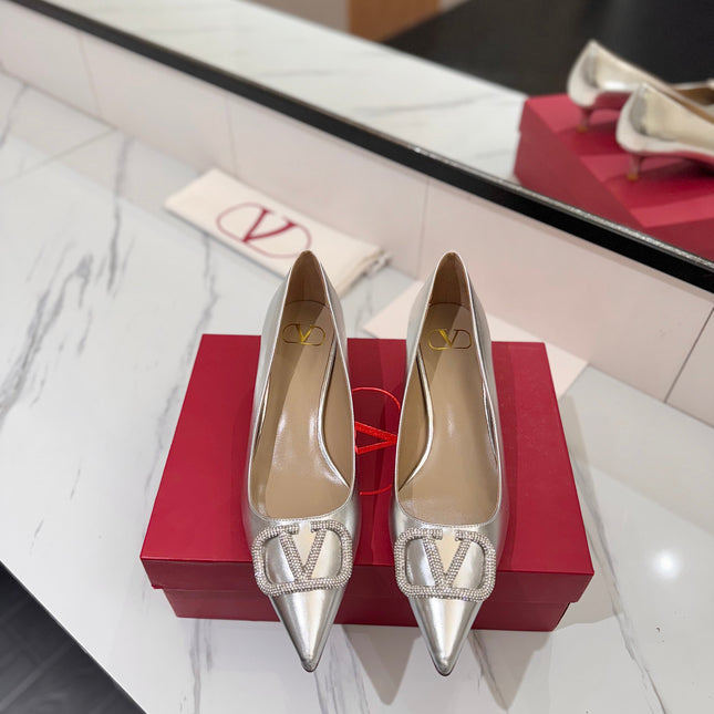 VALENTINO 26S HIGH HEELS 45 MM IN METALLIC SILVER CALFSKIN WITH VLOGO CRYSTAL