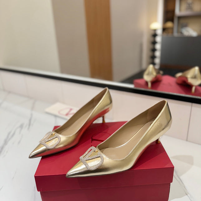 VALENTINO 26S HIGH HEELS 45 MM IN METALLIC GOLD CALFSKIN WITH VLOGO CRYSTAL