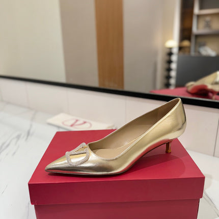 VALENTINO 26S HIGH HEELS 45 MM IN METALLIC GOLD CALFSKIN WITH VLOGO CRYSTAL