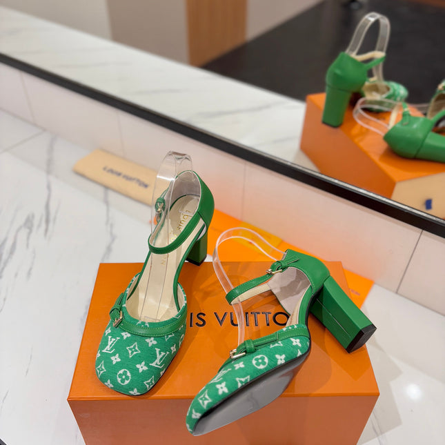 HIGH SANDALS 8 CM IN EMERALD GREEN MONOGRAM DENIM AND CALFSKIN
