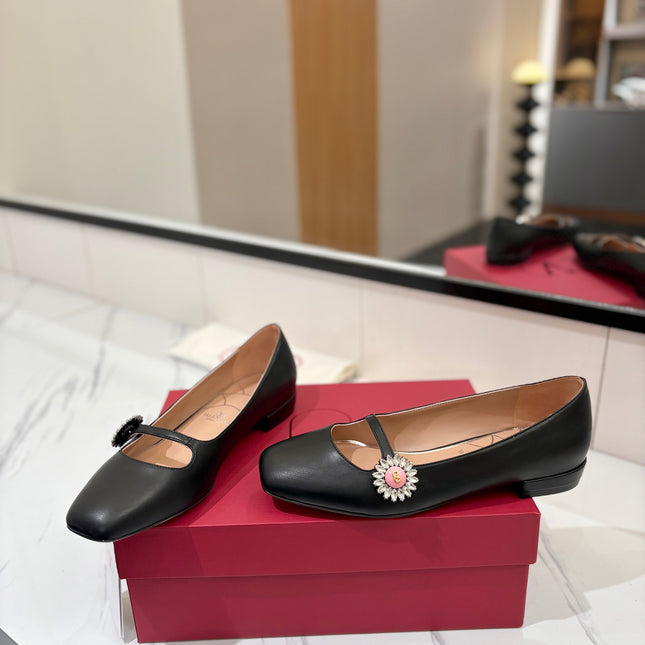 VALENTINO 26S MARY JANE FLATS IN BLACK CALFSKIN WITH CRYSTAL FLOWER