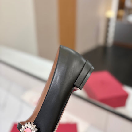 VALENTINO 26S MARY JANE FLATS IN BLACK CALFSKIN WITH CRYSTAL FLOWER