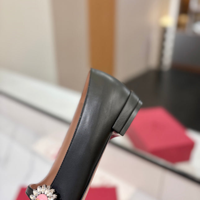 VALENTINO 26S MARY JANE FLATS IN BLACK CALFSKIN WITH CRYSTAL FLOWER