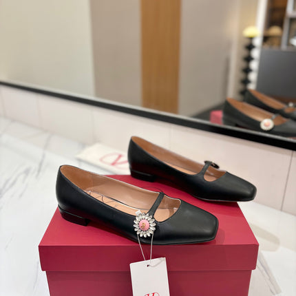 VALENTINO 26S MARY JANE FLATS IN BLACK CALFSKIN WITH CRYSTAL FLOWER