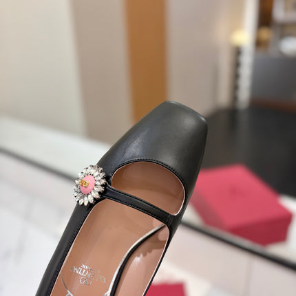 VALENTINO 26S MARY JANE FLATS IN BLACK CALFSKIN WITH CRYSTAL FLOWER