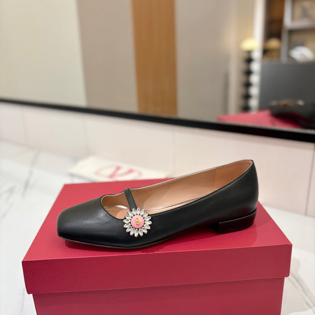 VALENTINO 26S MARY JANE FLATS IN BLACK CALFSKIN WITH CRYSTAL FLOWER