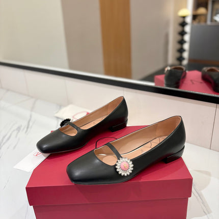 VALENTINO 26S MARY JANE FLATS IN BLACK CALFSKIN WITH CRYSTAL FLOWER