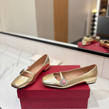 VALENTINO 26S MARY JANE FLATS IN METALLIC GOLD CALFSKIN WITH CRYSTAL FLOWER
