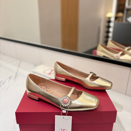 VALENTINO 26S MARY JANE FLATS IN METALLIC GOLD CALFSKIN WITH CRYSTAL FLOWER