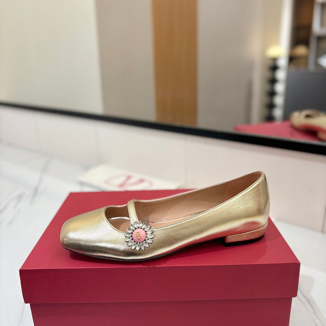 VALENTINO 26S MARY JANE FLATS IN METALLIC GOLD CALFSKIN WITH CRYSTAL FLOWER
