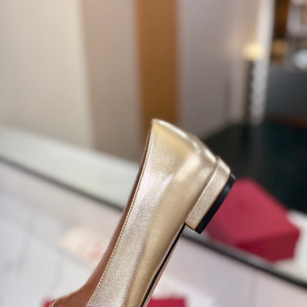 VALENTINO 26S MARY JANE FLATS IN METALLIC GOLD CALFSKIN WITH CRYSTAL FLOWER