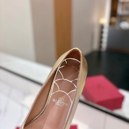 VALENTINO 26S MARY JANE FLATS IN METALLIC GOLD CALFSKIN WITH CRYSTAL FLOWER