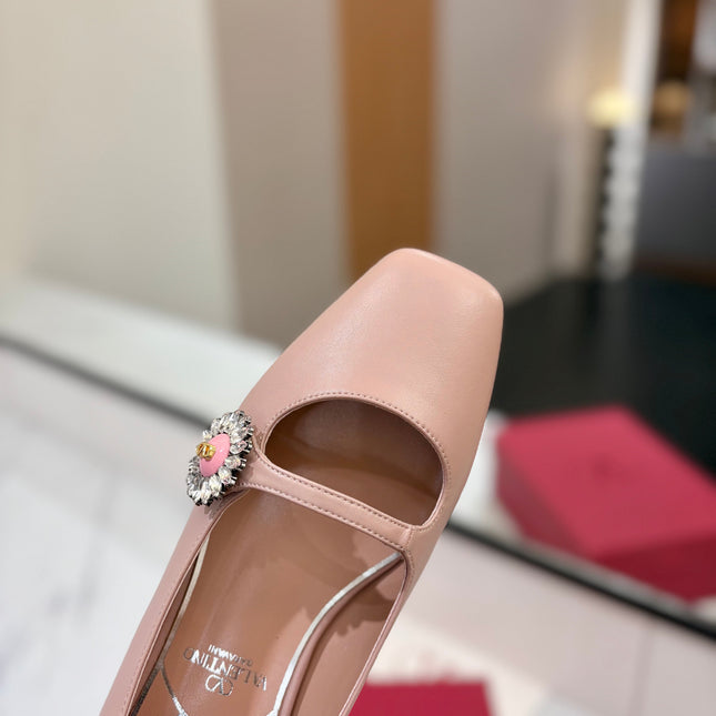 VALENTINO 26S MARY JANE FLATS IN NUDE PINK CALFSKIN WITH CRYSTAL FLOWER