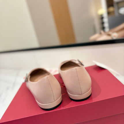 VALENTINO 26S MARY JANE FLATS IN NUDE PINK CALFSKIN WITH CRYSTAL FLOWER