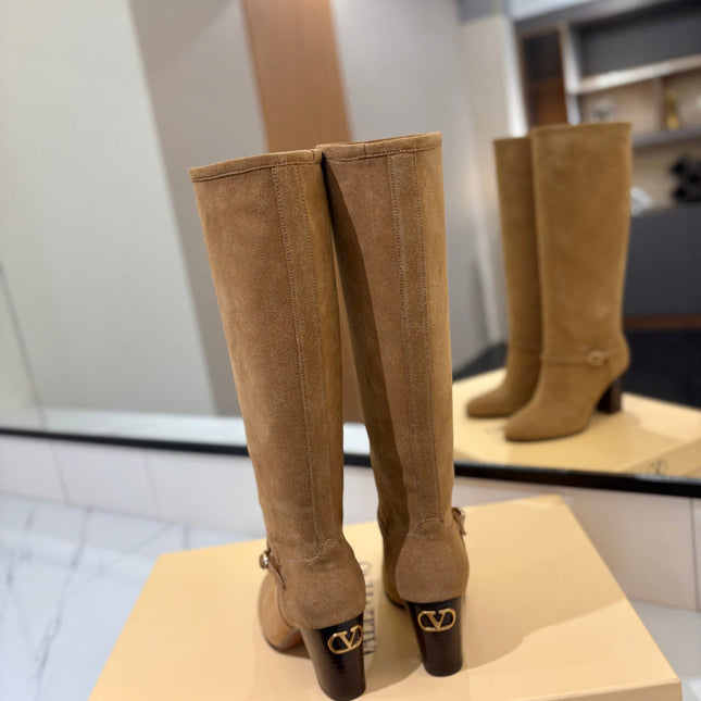 VALENTINO 25S GARAVANI PATTIE KNEE-HIGH BOOTS 80 MM IN LIGHT BROWN SUEDE