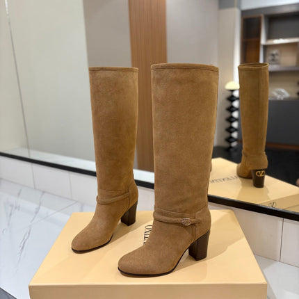 VALENTINO 25S GARAVANI PATTIE KNEE-HIGH BOOTS 80 MM IN LIGHT BROWN SUEDE