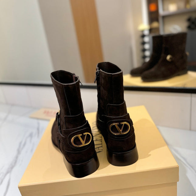 VALENTINO 25S PATTIE ANKLE BOOTS IN DARK BROWN SUEDE WITH GOLD HARDWARE