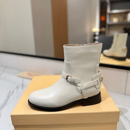VALENTINO 25S PATTIE ANKLE BOOTS IN WHITE CALFSKIN WITH GOLD HARDWARE