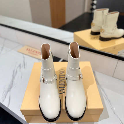 VALENTINO 25S PATTIE ANKLE BOOTS IN WHITE CALFSKIN WITH GOLD HARDWARE