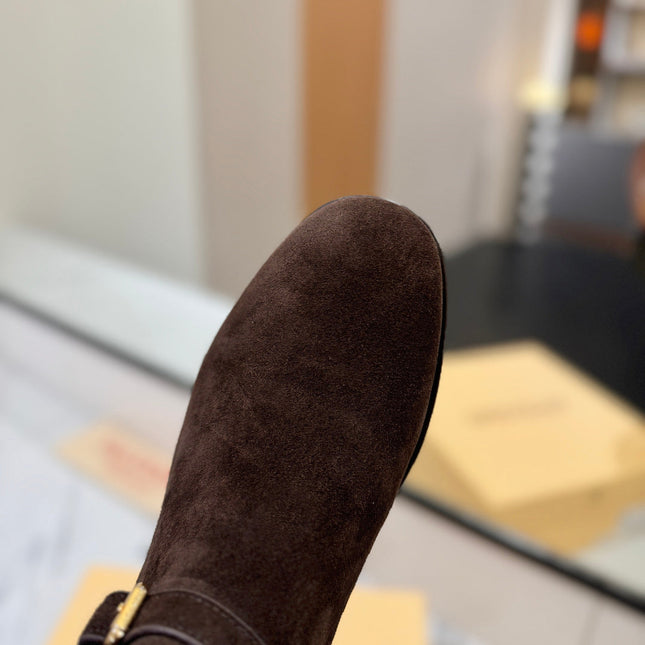 VALENTINO 25S PATTIE ANKLE BOOTS IN DARK BROWN SUEDE WITH GOLD HARDWARE