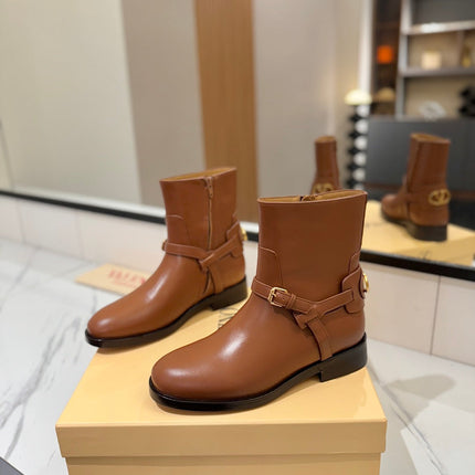 VALENTINO 25S PATTIE ANKLE BOOTS IN BROWN CALFSKIN WITH GOLD HARDWARE
