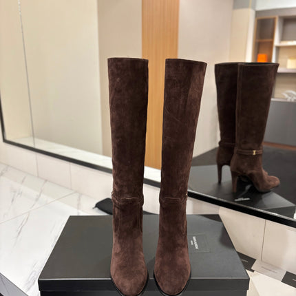 YSL 26S KNEE-HIGH BOOTS 90 MM IN DARK BROWN SUEDE