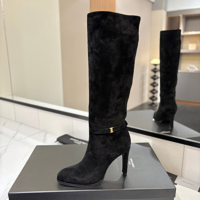 YSL 26S KNEE-HIGH BOOTS 95 MM IN BLACK SUEDE