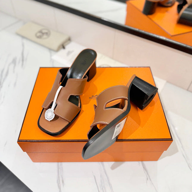 HM 26S HELIA SANDAL 70MM IN BROWN AND BLACK CALFSKIN