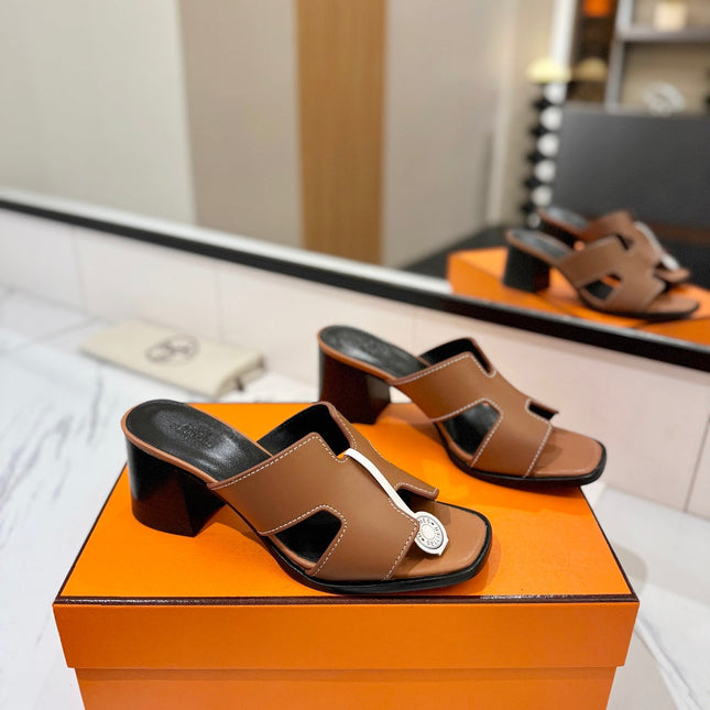 HM 26S HELIA SANDAL 70MM IN BROWN AND BLACK CALFSKIN