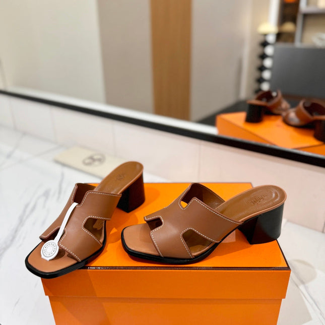 HM 26S HELIA SANDAL 70MM IN CARAMEL BROWN CALFSKIN