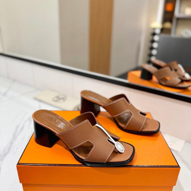 HM 26S HELIA SANDAL 70MM IN CARAMEL BROWN CALFSKIN
