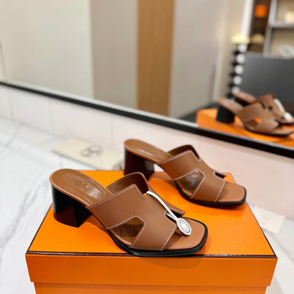 HM 26S HELIA SANDAL 70MM IN CARAMEL BROWN CALFSKIN