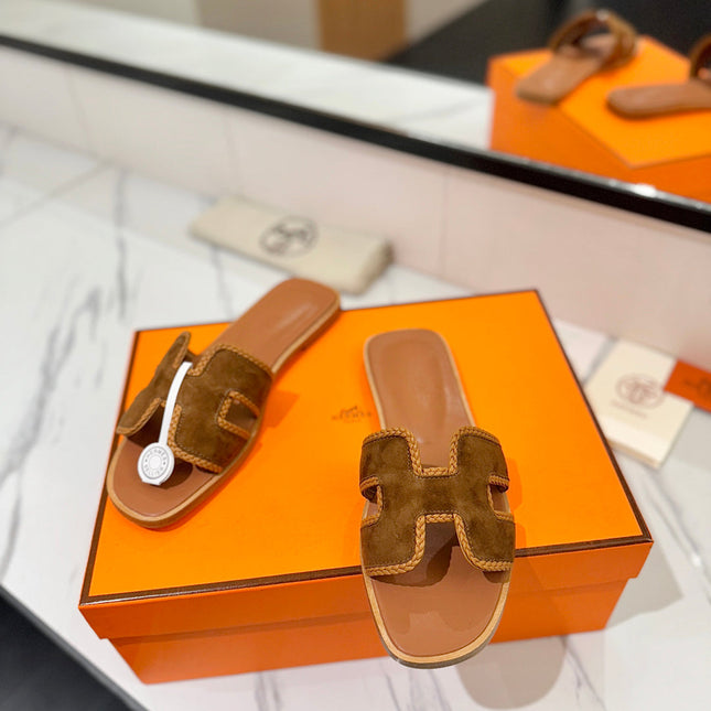 HM 26S ORAN SANDALS IN CARAMEL BROWN SUEDE WITH TAN BOWN BRAIDED TRIM