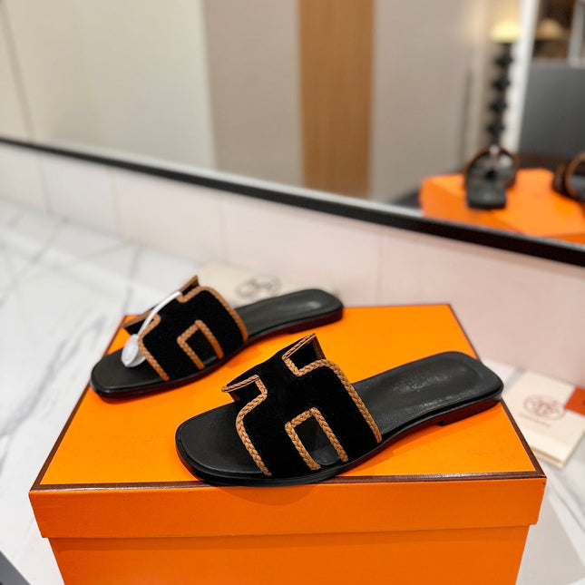 HM 26S ORAN SANDALS IN BLACK SUEDE WITH TAN BOWN BRAIDED TRIM