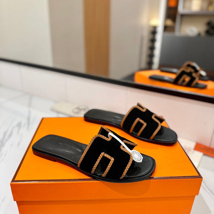 HM 26S ORAN SANDALS IN BLACK SUEDE WITH TAN BOWN BRAIDED TRIM