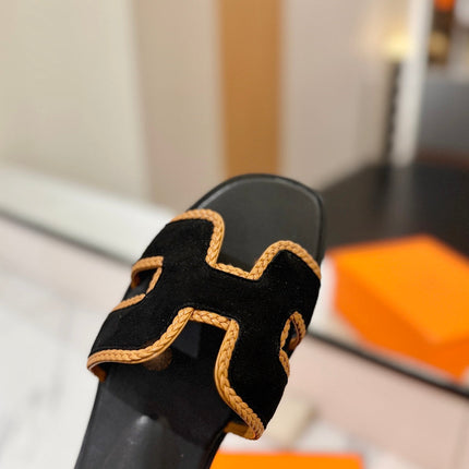 HM 26S ORAN SANDALS IN BLACK SUEDE WITH TAN BOWN BRAIDED TRIM