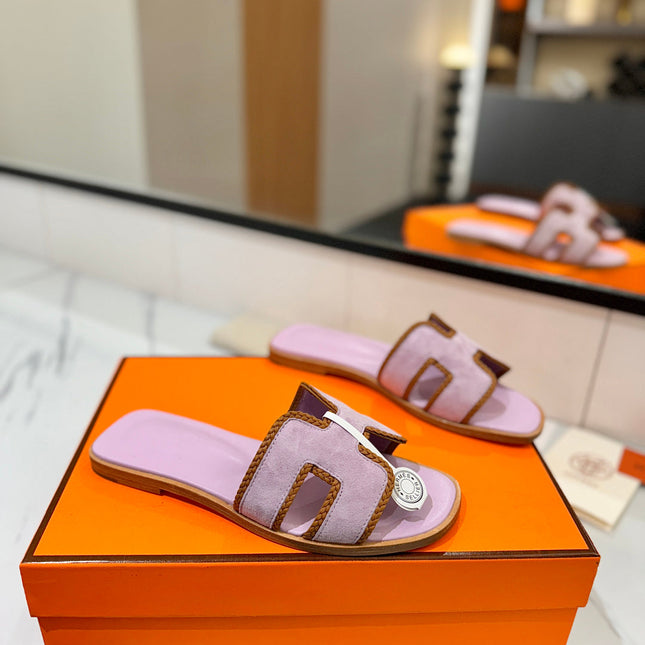 HM 26S ORAN SANDALS IN LIGHT PURPLE SUEDE WITH TAN BOWN BRAIDED TRIM