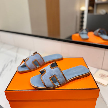 HM 26S ORAN SANDALS IN LIGHT BLUE SUEDE WITH TAN BOWN BRAIDED TRIM