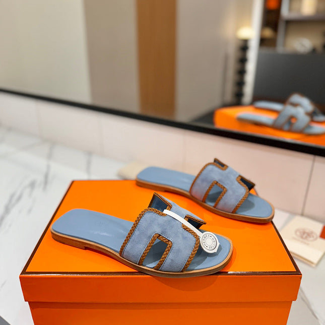 HM 26S ORAN SANDALS IN LIGHT BLUE SUEDE WITH TAN BOWN BRAIDED TRIM