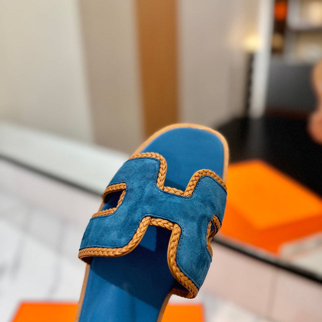 HM 26S ORAN SANDALS IN BLUE SUEDE WITH TAN BOWN BRAIDED TRIM